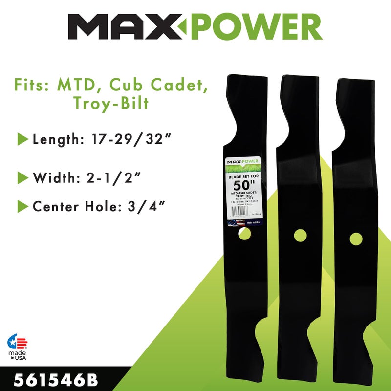 Maxpower ماكس باور 561546B 3 شفرات ثقيلة لتحمل للعديد من جزازات العشب 50 بوصة MTD، كاب كاديت، تروي-بيلت تستبدل OEM #'s 742-04068، 759-04047، 759-4047، 942-04068 سوداء - Image 2